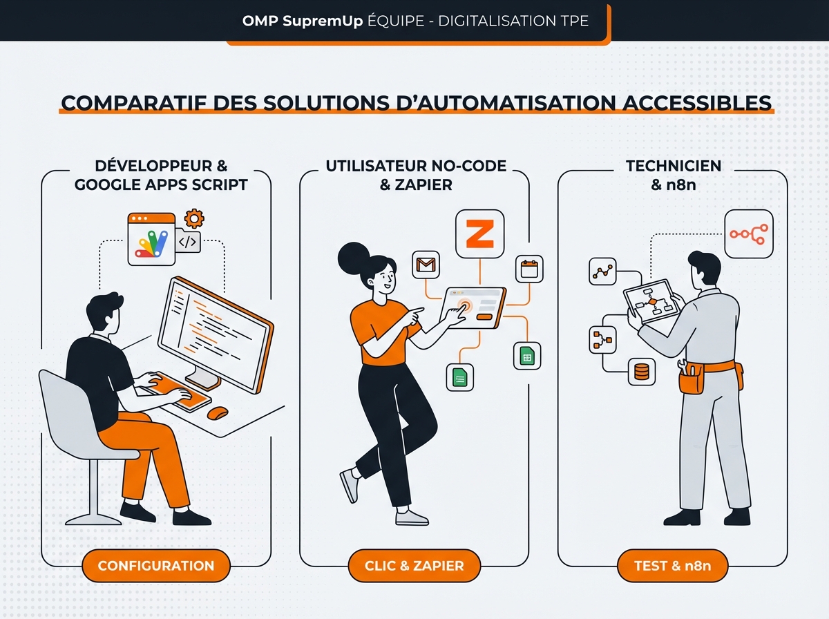 Connecteurs et outils d'automatisation - Google Apps Script, Zapier, Make, n8n et OMP SupremUp